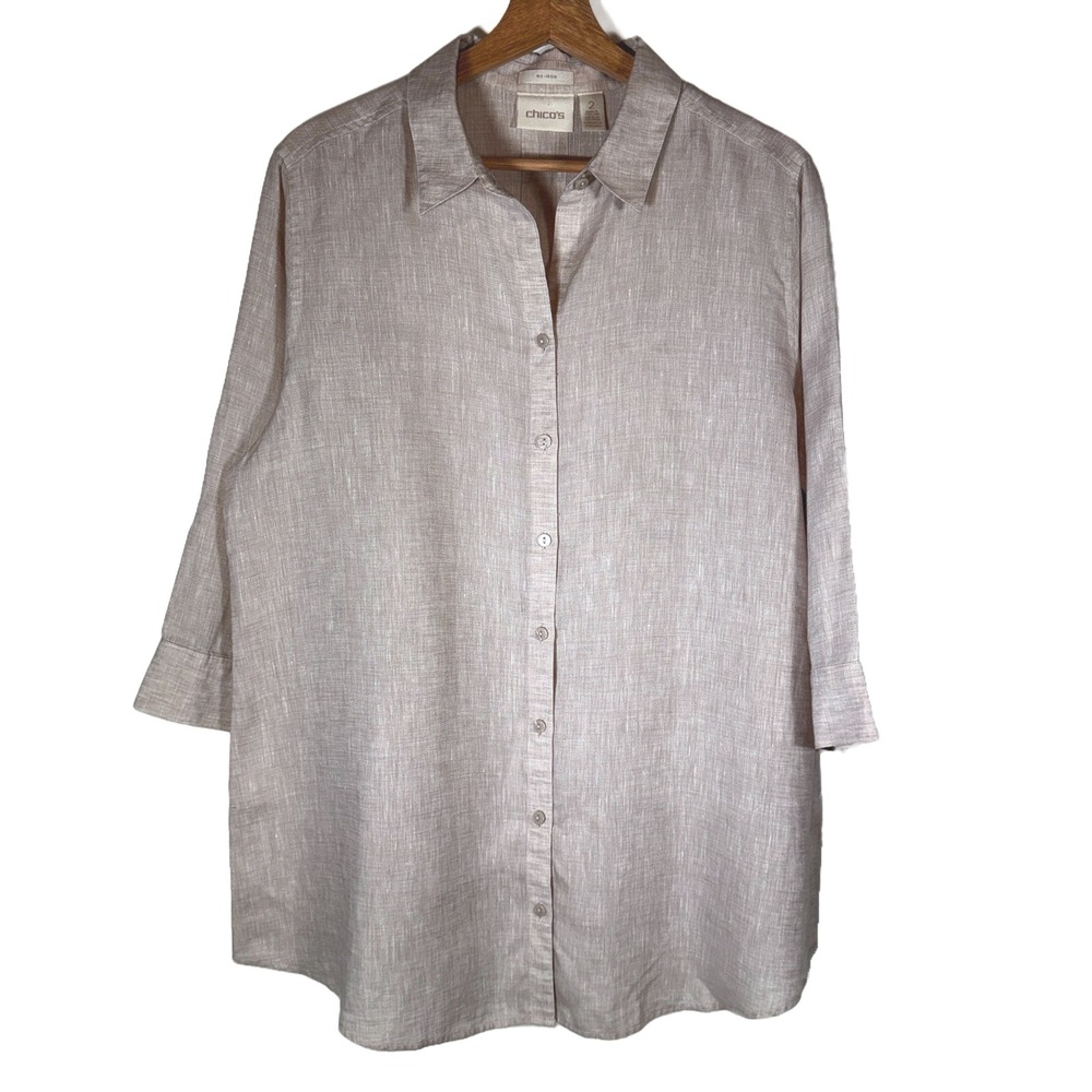 Chicos 100% Linen No Iron Blend Button‎ Up Shirt Coastal 12/14 Beige 2 Relaxed